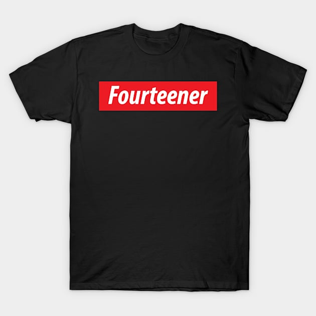 ​'Fourteener' Colorado USA white text on a red background T-Shirt by keeplooping